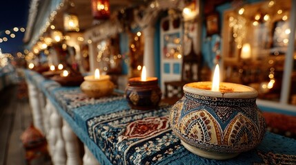 Home decorated for Diwali celebration with glowing candles, hanging lights and traditional Indian elements