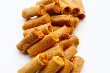 Rolled crispy wafers filled with shredded pork floss, Thai snack.