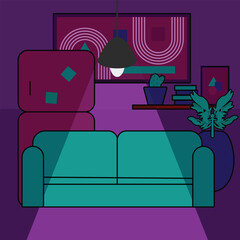 Moody Flat Design Living Room Interior Illustration