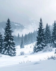 Fototapeta premium Snowy mountain landscape featuring frosted evergreen trees and gentle hills shrouded in a soft, hazy, overcast winter sky
