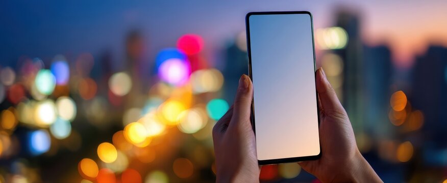 The smartphone held against a vibrant city skyline at night
