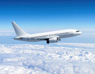 Obraz premium White passenger airplane soaring through a bright blue sky, with fluffy white clouds below, capturing a sense of freedom and travel