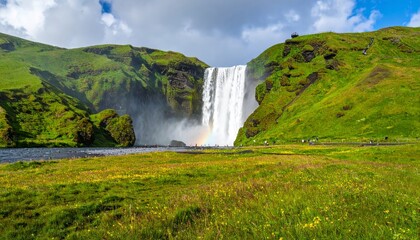 Fototapeta premium The cascading Skógafoss waterfall in Iceland's green landscape is a stunning sight
