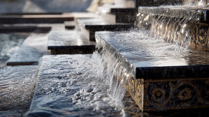 Water feature cascading down stone steps