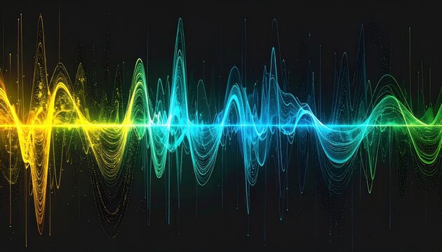 Glowing, spectral waveform with vibrant yellow, blue, and green hues against a dark background, showcasing a dynamic, energetic, and abstract design