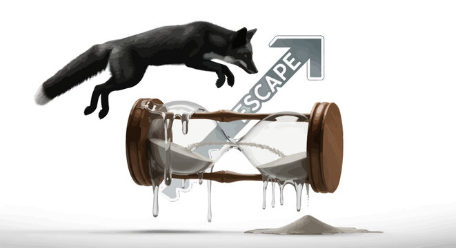 The fox escapes from the hourglass, illustrating the urgency to seize the moment of freedom