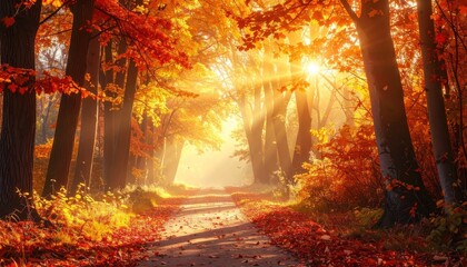 A sunlit path winds through a forest ablaze with vibrant autumn foliage, creating a warm and inviting scene