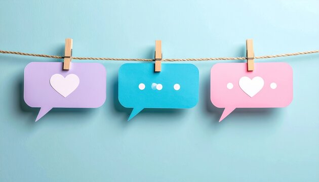 Three pastel speech bubbles hanging on a twine with wooden clothespins against a pale blue background