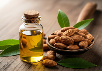 A small glass bottle filled with golden almond oil sits next to a wooden spoon overflowing with whole almonds and surrounded by fresh green almond leaves on a rustic wooden surface