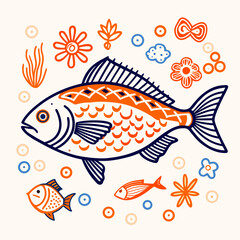 Fototapeta premium Fish illustration surrounded by flowers and abstract shapes 