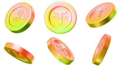 3d set neon Tether or USDT coin with different angles. Crypto money icon. Autumn colors. Stock vector illustration on isolated background.	