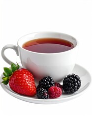 White teacup filled with dark tea, accompanied by a vibrant strawberry and assorted blackberries on a white saucer, isolated on white