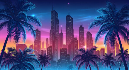 Cityscape at Sunset with Palm Trees Under Colorful Sky