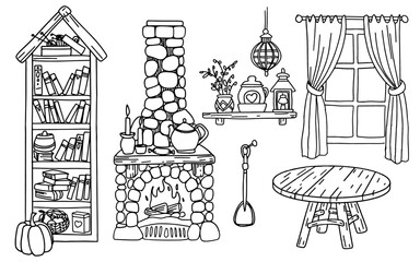 A set of interior items for a gnome's house drawn in doodle style for coloring.