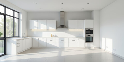 Bright white modern kitchen minimalist cabinet stainless hood natural light