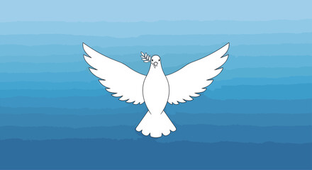 A serene illustration of a white dove, a symbol of peace, flying with an olive branch against a blue gradient sky.