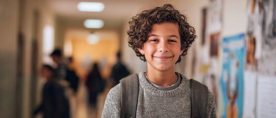 The joyful student smiling in a school hallway filled with energy.