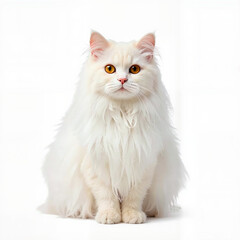 Fototapeta premium Fluffy white cat sitting and staring in a neutral background 