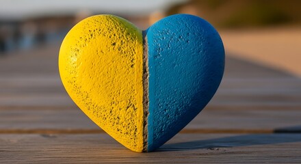 A heart painted in the yellow and blue colors of the Ukrainian flag.