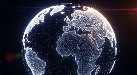 A futuristic digital Earth globe, glowing with continents formed by interconnected dots and network lines, symbolizing global communication, data, technology, and connectivity.