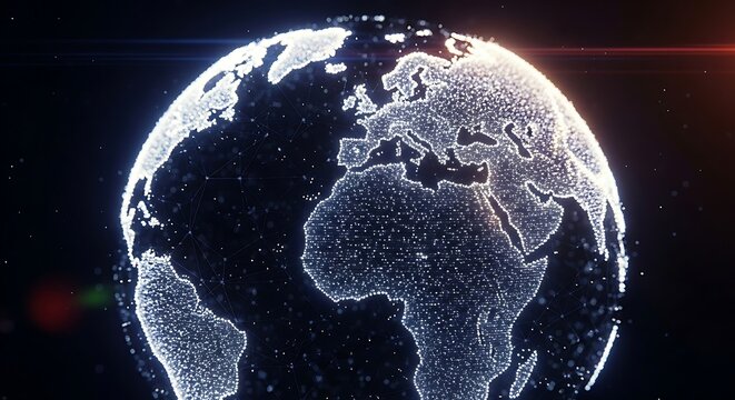 A futuristic digital Earth globe, glowing with continents formed by interconnected dots and network lines, symbolizing global communication, data, technology, and connectivity.
