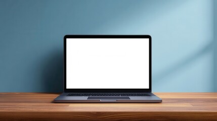Fototapeta premium Open Laptop on Wooden Table Against Soft Blue Wall Background