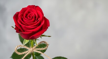 Single Red Rose Tied with Twine on Gray Textured Background Romantic Detail.