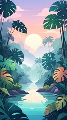 A vibrant cartoon jungle vista with a river cutting through lush greenery under a pastel sky with a bright sun, evoking tropical tranquility