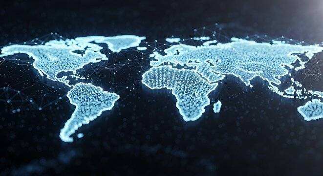 Abstract digital world map with glowing interconnected dots and lines, symbolizing global network, data, and modern technology. Ideal for connectivity and communication themes.
