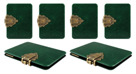 Six pristine, deep emerald green polished stone tablets with ornate bronze clasps, on a transparent studio background with negative space, concept of ancient wisdom and lasting knowledge