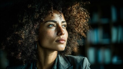 A contemplative woman with glasses exudes sophistication and intellectual professionalism in a modern office setting wit