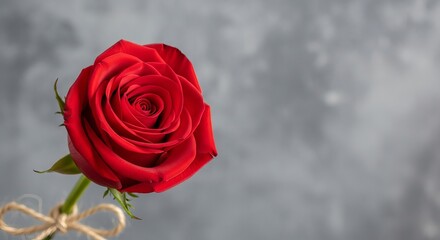 Single Red Rose Tied with Twine on Gray Textured Background Romantic Detail.