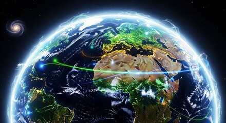 Stunning view of Earth from space at night, showcasing global connectivity with glowing city lights and data networks. A symbol of technology, communication, and digital future.