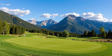 Fototapeta premium Mountain golf course green fairway flag blue sky scenic peaceful landscape
