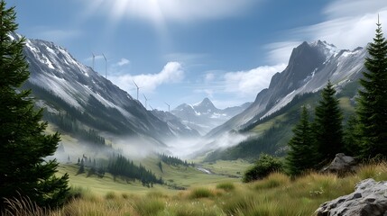 Obraz premium Serene Mountain Valley with Wind Turbines and Misty Landscape