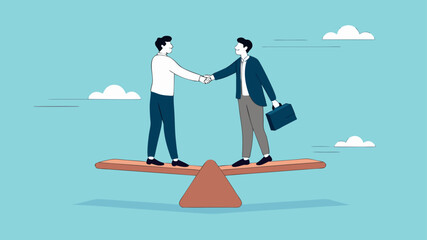 Fototapeta premium business agreement, cooperation in business to achieve certain targets, with an illustration of two business people shaking hands on seesaw. business balancing concept illustration with flat style