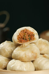 Traditional Chinese Xiaolongbao Soup Dumplings with Meat Filling Shengzhou Style Steamed Buns