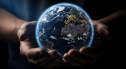 A person's cupped hands gently hold a glowing Earth, showcasing continents. This powerful image symbolizes global protection, and the future of our planet.