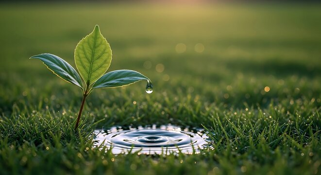 A close-up of a vibrant green sprout with a water droplet falling into a small pool, creating ripples on the dew-kissed grass under soft sunlight. Symbol of new life and nature's cycle.
