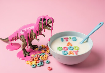 Whimsical pink dinosaur toy covered in melting pink glaze sits next to a bowl of colorful cereal with letters spelling out its a good day on a pastel pink background