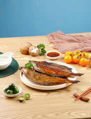 Whole Grilled Plaice Fish Dalian Style with Spicy Sauce and Fresh Vegetables Asian Seafood Dish