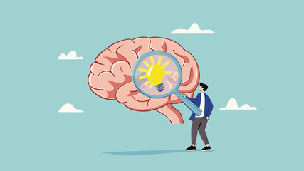 brain searching idea, looking for new business strategies or opportunities, finding solution to a problem concept, businessman looking for light bulb idea from human brain using magnifying glass