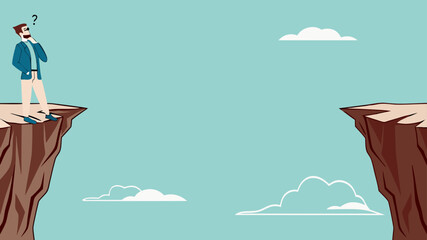 creative problem solving at work illustration with the concept of a businessman who is looking for a way to cross the gap between two cliffs, challenge at work concept