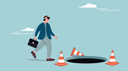 businessman walking while using AR and VR technology headset do not observe any big hole on the road, dangers or negative impacts of advances in augmented and virtual reality technology illustration