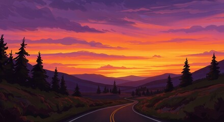 Naklejka premium Scenic sunset road trip through the mountains with colorful sky