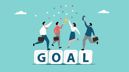 achieve common goals, celebrate team effort collaboration, hard work or efforts to achieve team success, business people colleagues celebrate business goals achieved by the team