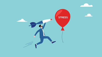 overcome stress and anxiety with businessman jumping to burst stress balloon using darts, stress management concept, Managing and Reducing Stress concept vector illustration