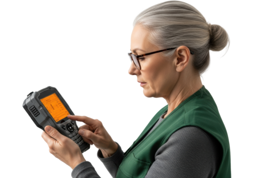 Mature woman with silver hair, spectacles, in green utility vest intently studying rugged handheld computer with orange display on white background, concept of technical analysis