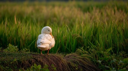 White duck in rice field at sunset