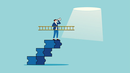 success step to achieve financial freedom or business goal, Business goals as profit target achievement process, the way to achieve goal, businessman making ladder from puzzle to the space of freedom